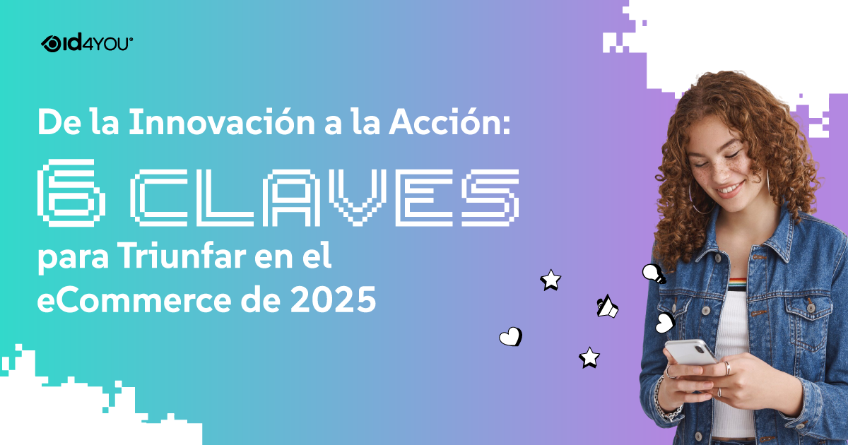 Banner con gradiente en celeste y violeta, texto sobre claves para triunfar en ecommerce este 2025 chica con celular en mano 